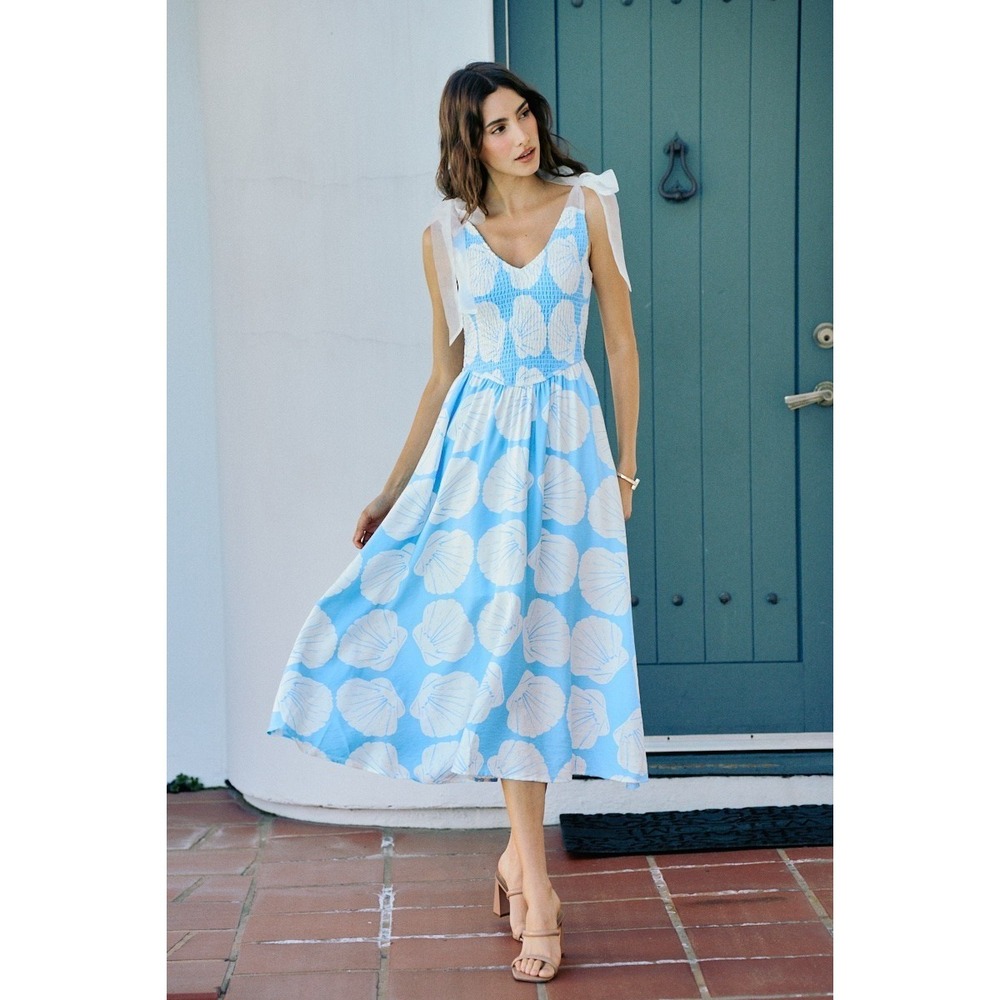 SO ME Shell Smocked Bodice Shoulder Tie Lined Midi Dress - Blue - Large